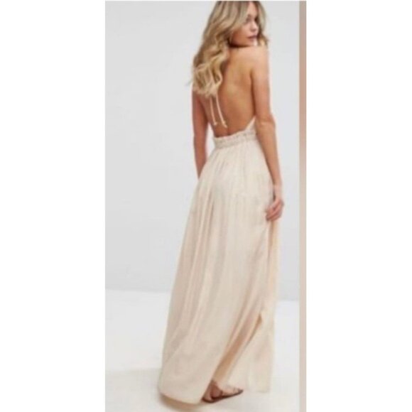 Moon River S Boho Halter Crochet Lace Linen Halter Neck  Backless Dress Beige - Picture 2 of 10